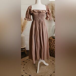 R.YIPOSHA Chic Tan Maxi Dress with Puff Sleeves